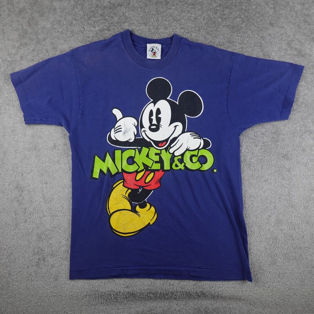 VINTAGE Mickey & Co. Shirt Men's L Blue Disney Mouse Graphic Tee Crew Neck 80's
